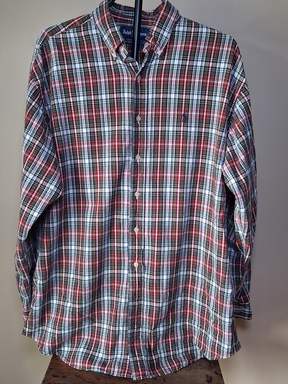 Ralph Lauren Men's Red, White, Blue, & Green Plaid Seersucker Button-Up; Size L